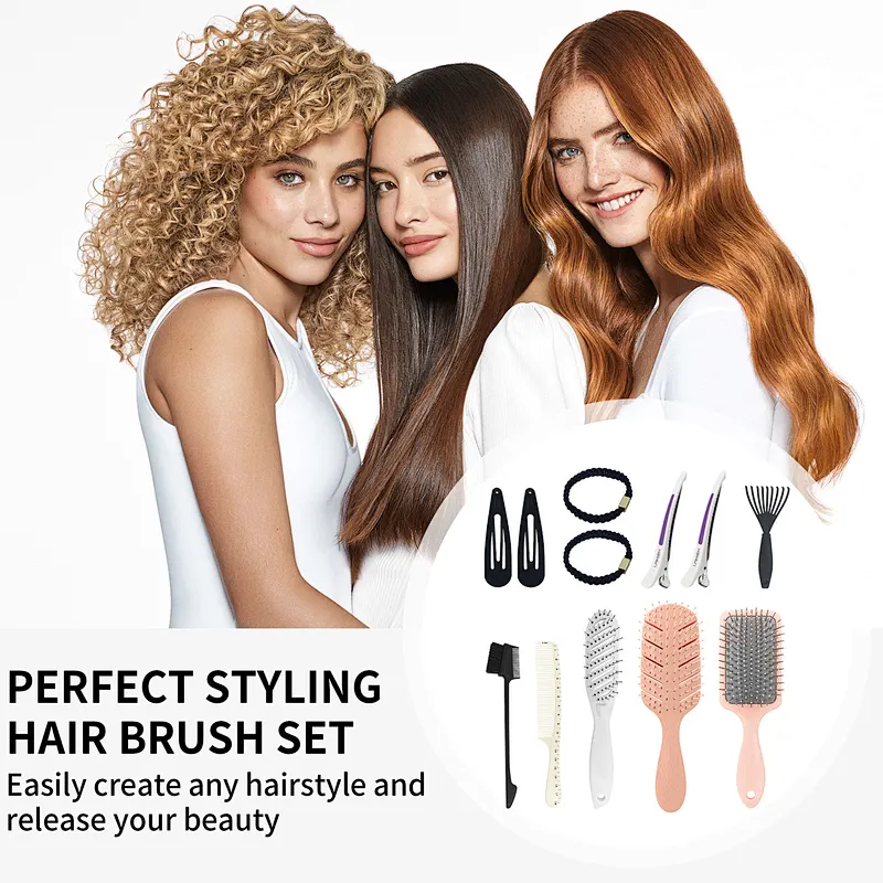12pcs Hair Brush Set With Edge Paddle Vent Hairbrushes Women Gifts  Pink Detangling Brushes Comb Set Styling Hair Clips